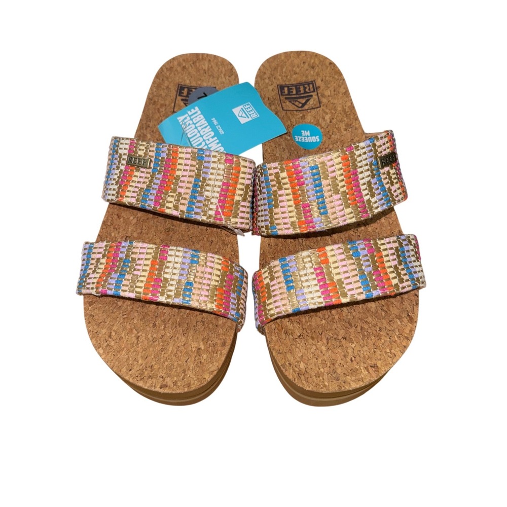NEW Reef Cushion Vista Hi Womens 7 Platform Slide Multi Color Beachy Woven Cork